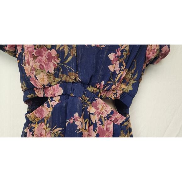 Sofia Jean Cutout Midi Floral Bouquet Balloon Sleeve V-Neck Blue Dress Size L - Picture 11 of 14